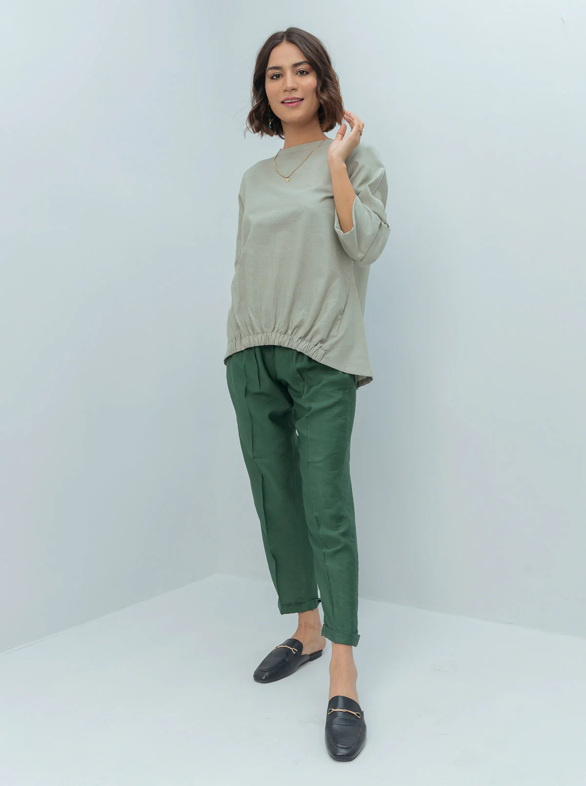 SAGE GREEN ELASTICATED HEM TOP - Image 2