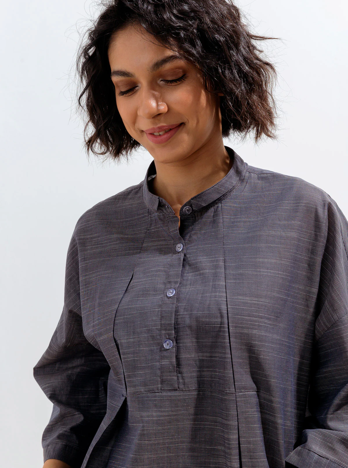NAVY BOXY PLEATED COLLAR TOP - Image 2