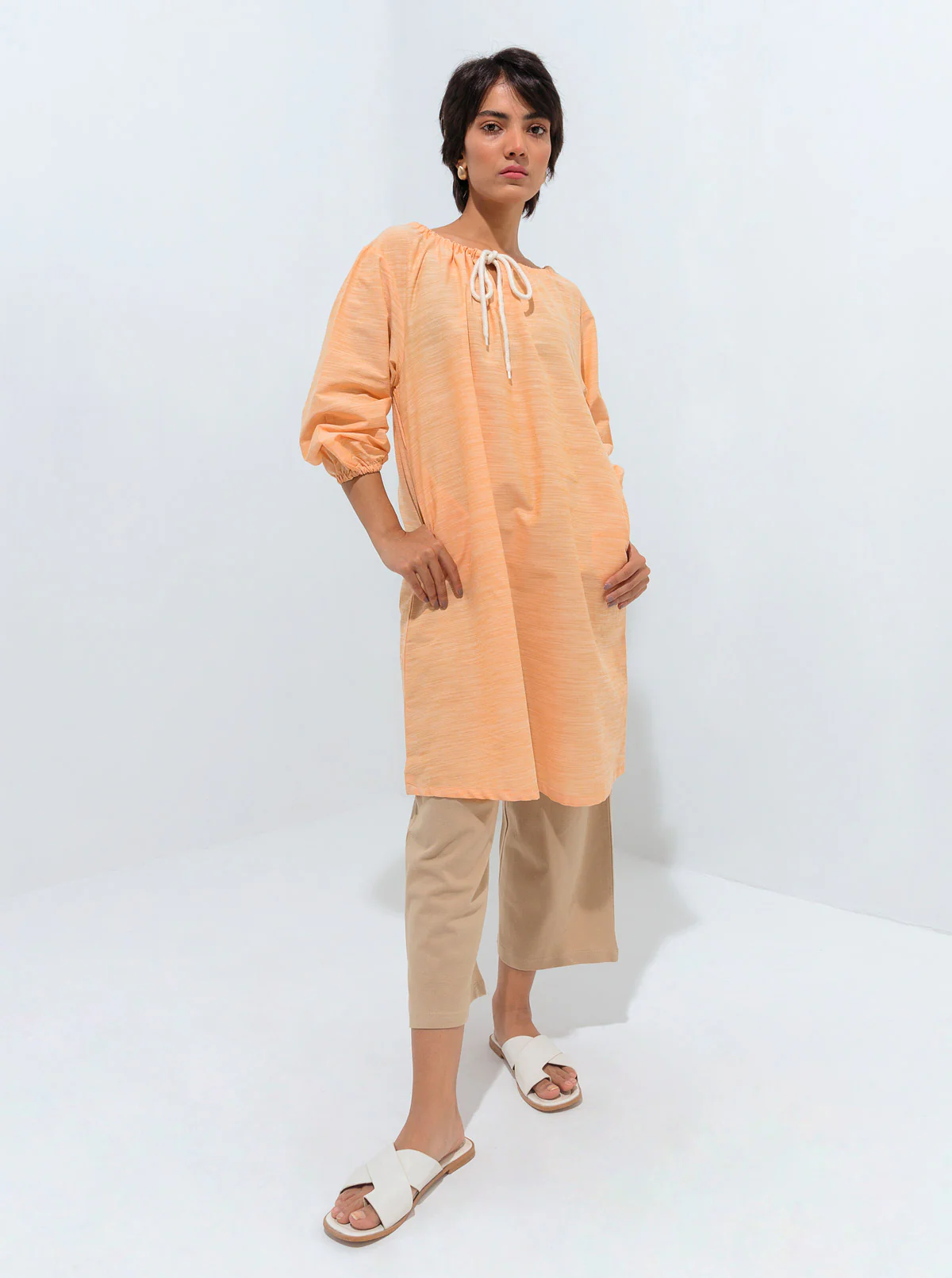 PEACH GATHERED NECK TIE TUNIC - Image 3