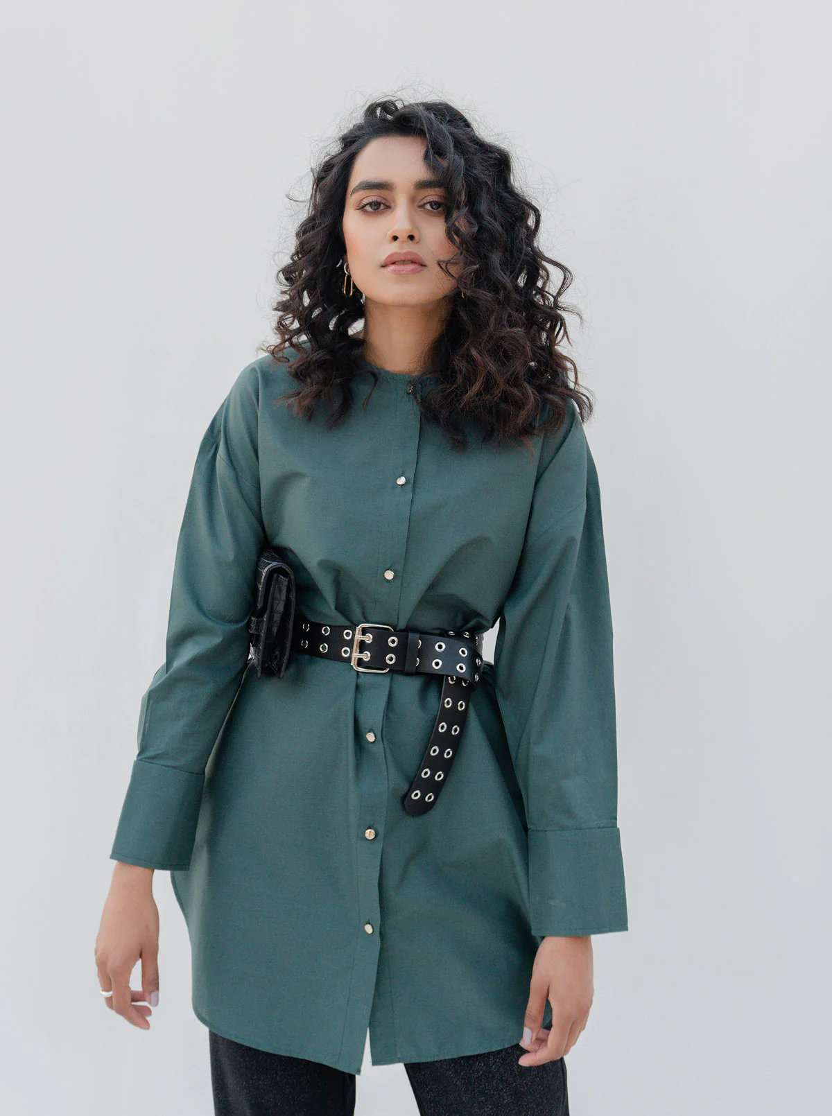DARK GREEN LONG BUTTON DOWN SHIRT - Image 3