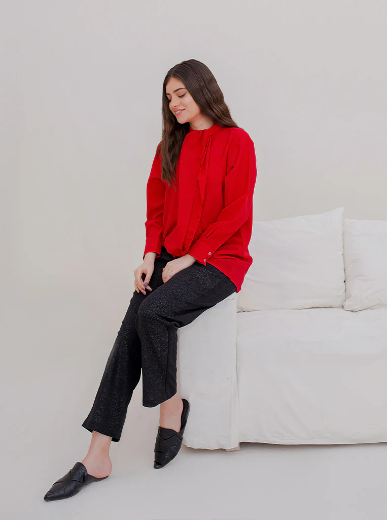 RED DRAPED NECK TIE BLOUSE - Image 4