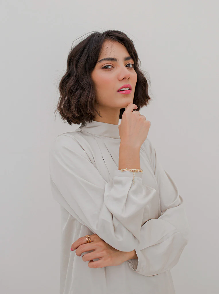 IVORY MOCK NECK SILK TUNIC - Image 4