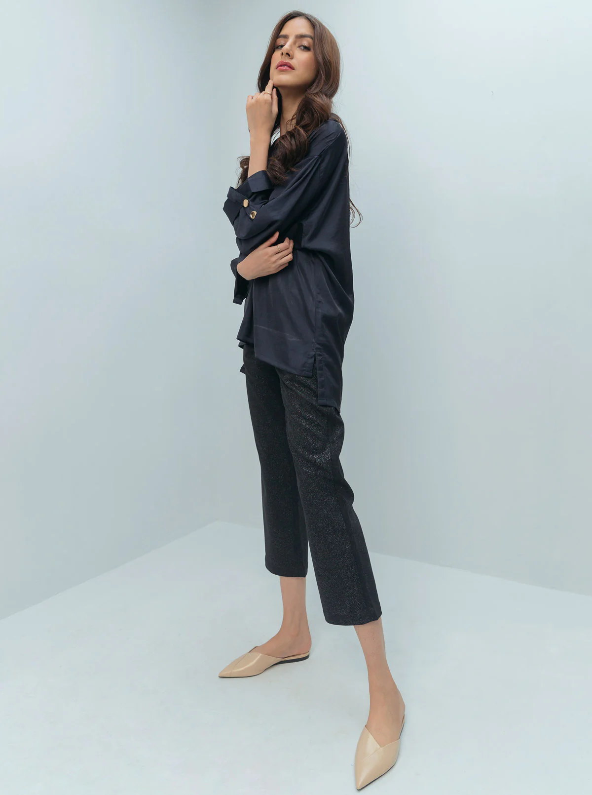 NAVY SILK COLLAR BAGGY TOP - Image 2