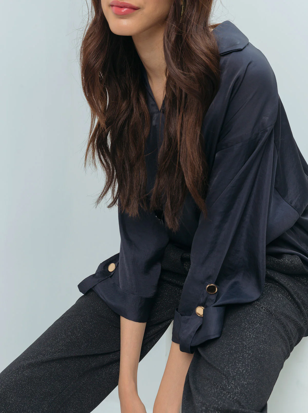 NAVY SILK COLLAR BAGGY TOP - Image 3