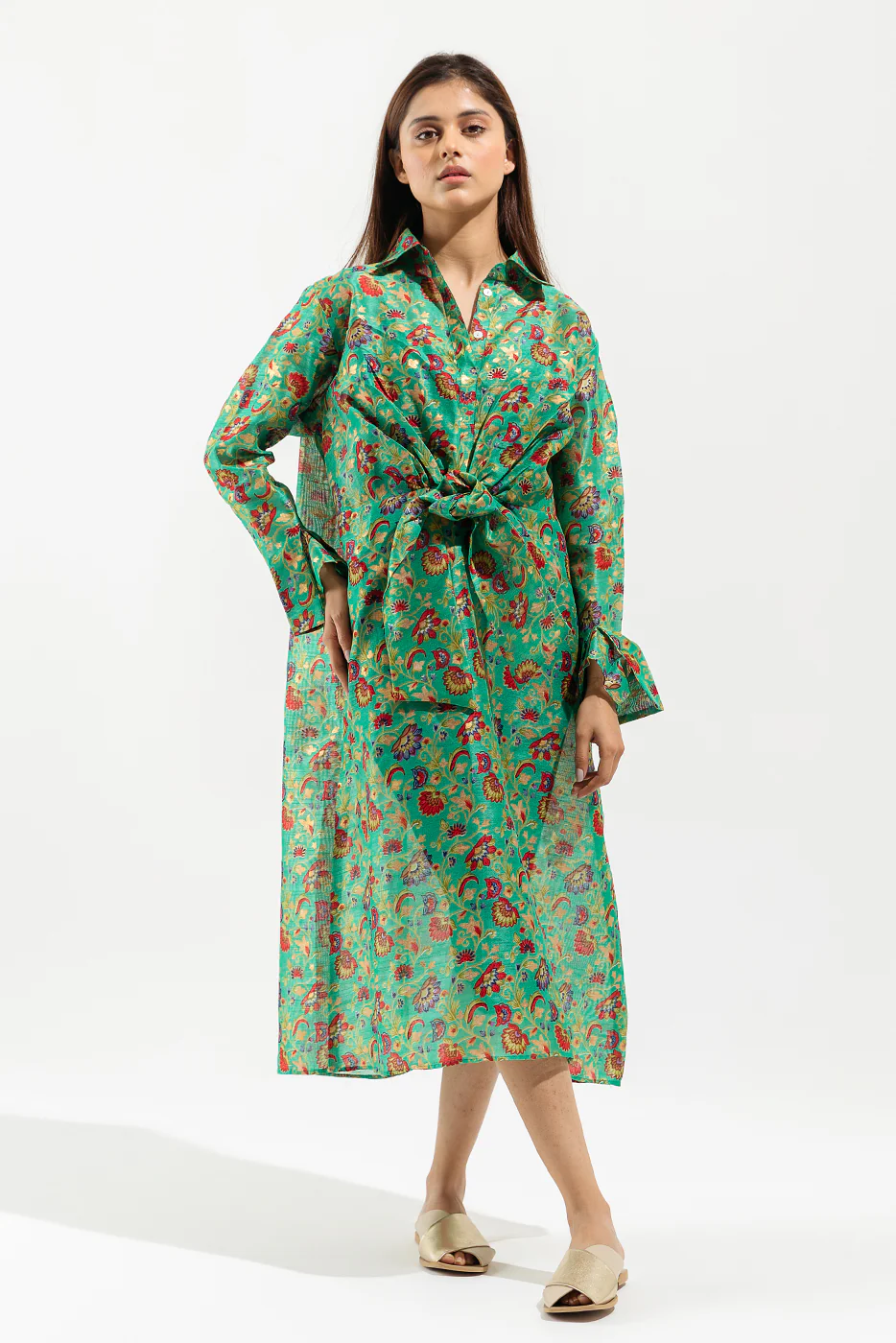 GREEN PRINTED KNOTTED LONG DRESS - Image 2