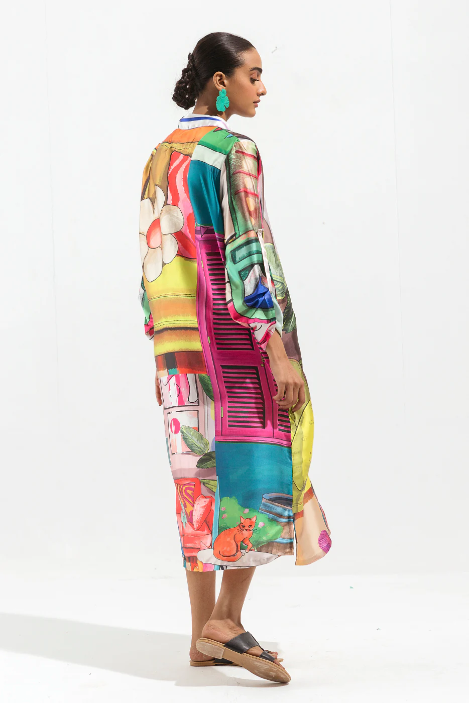 PRINTED SILK BUTTON DOWN LONG DRESS - Image 3