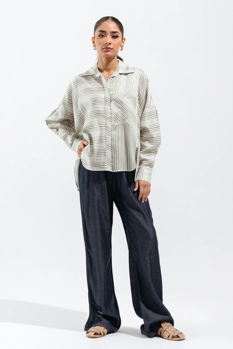 GREEN AND WHITE STRIPED BUTTON-THOUGH SHIRT - Image 2