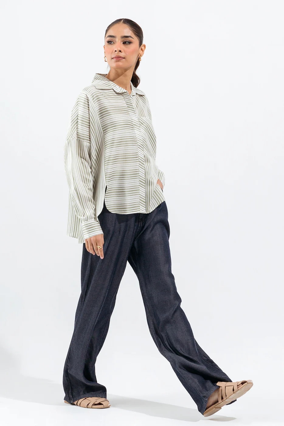 GREEN AND WHITE STRIPED BUTTON-THOUGH SHIRT - Image 3