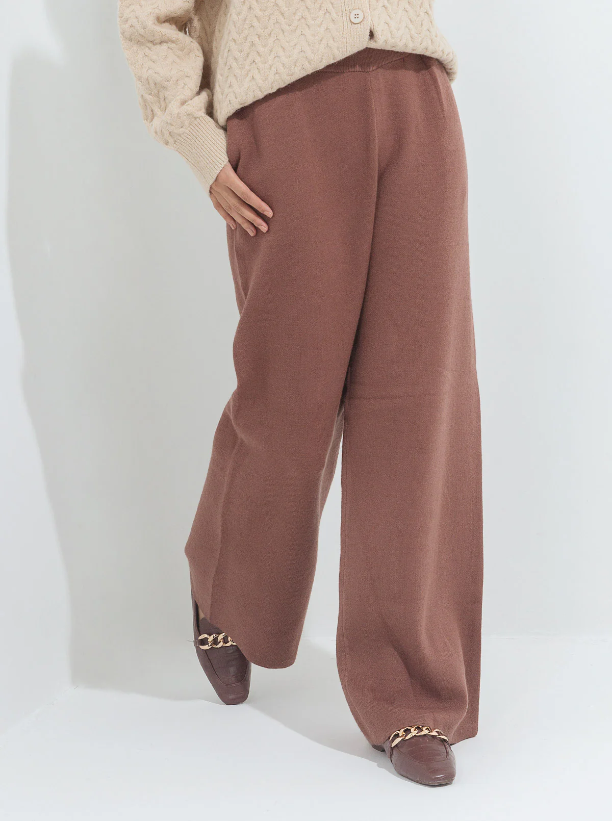 BROWN SWEATER KNIT WIDE LEG PANTS - Image 2