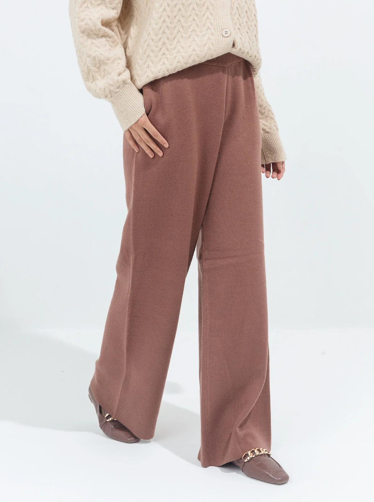 BROWN SWEATER KNIT WIDE LEG PANTS - Image 3