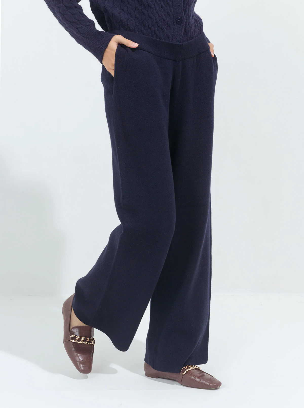 BLUE SWEATER KNIT WIDE LEG PANTS - Image 3