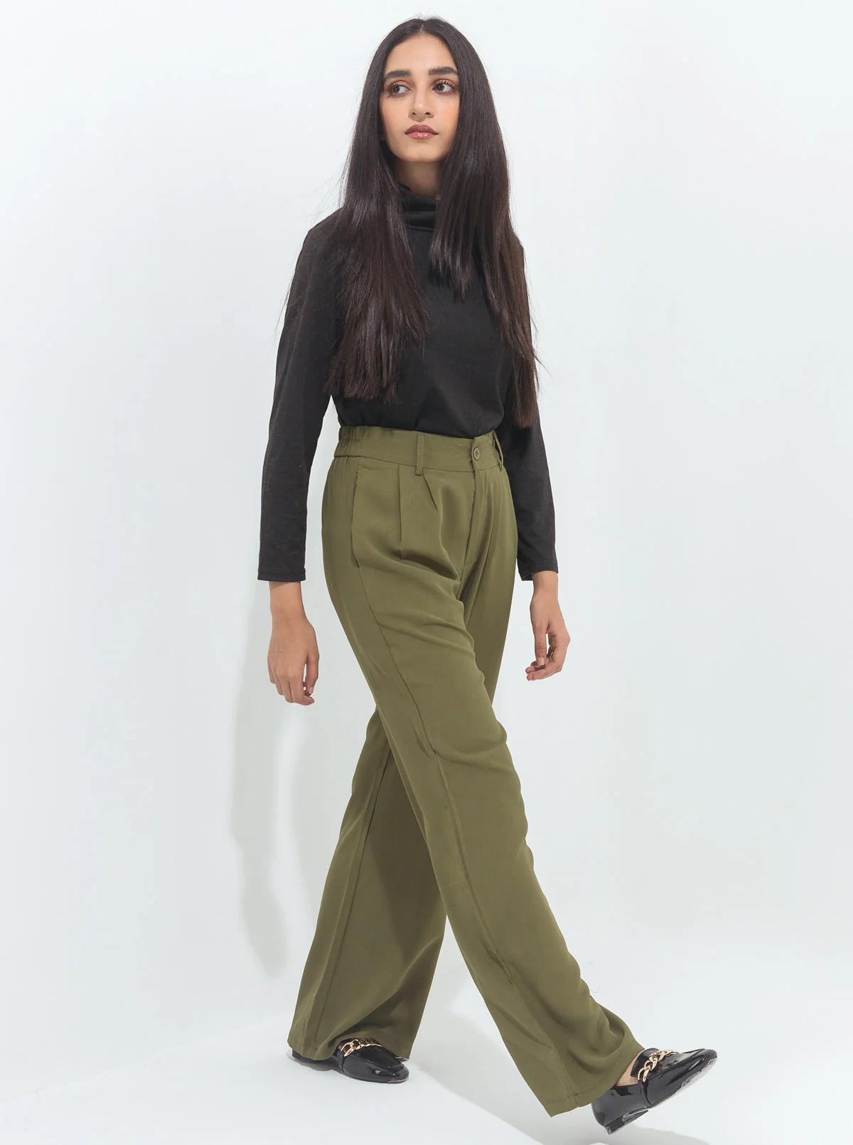 OLIVE GREEN WIDE LEG TAILORED PANTS - Image 2