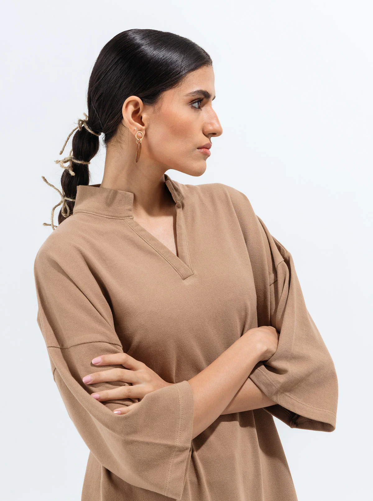 TAN TEXTURED KNIT LONG TUNIC - Image 3