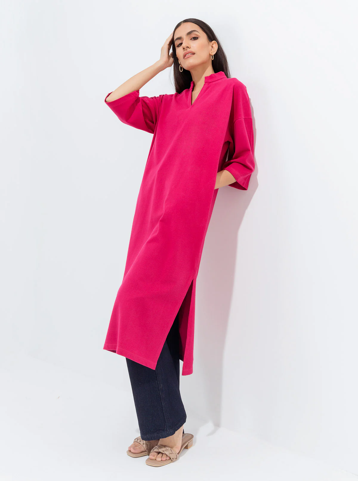 PINK TEXTURED KNIT LONG TUNIC - Image 2