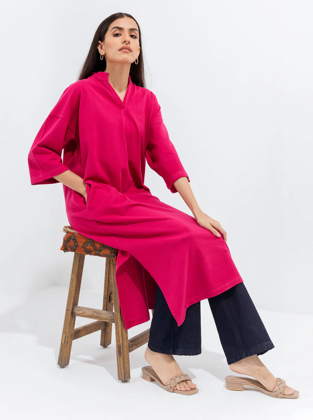 PINK TEXTURED KNIT LONG TUNIC - Image 3