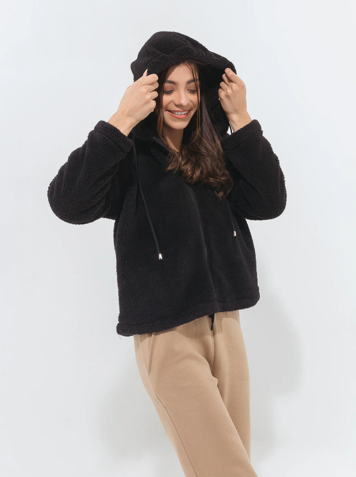 BLACK SHERPA FLEECE HOODIE - Image 2