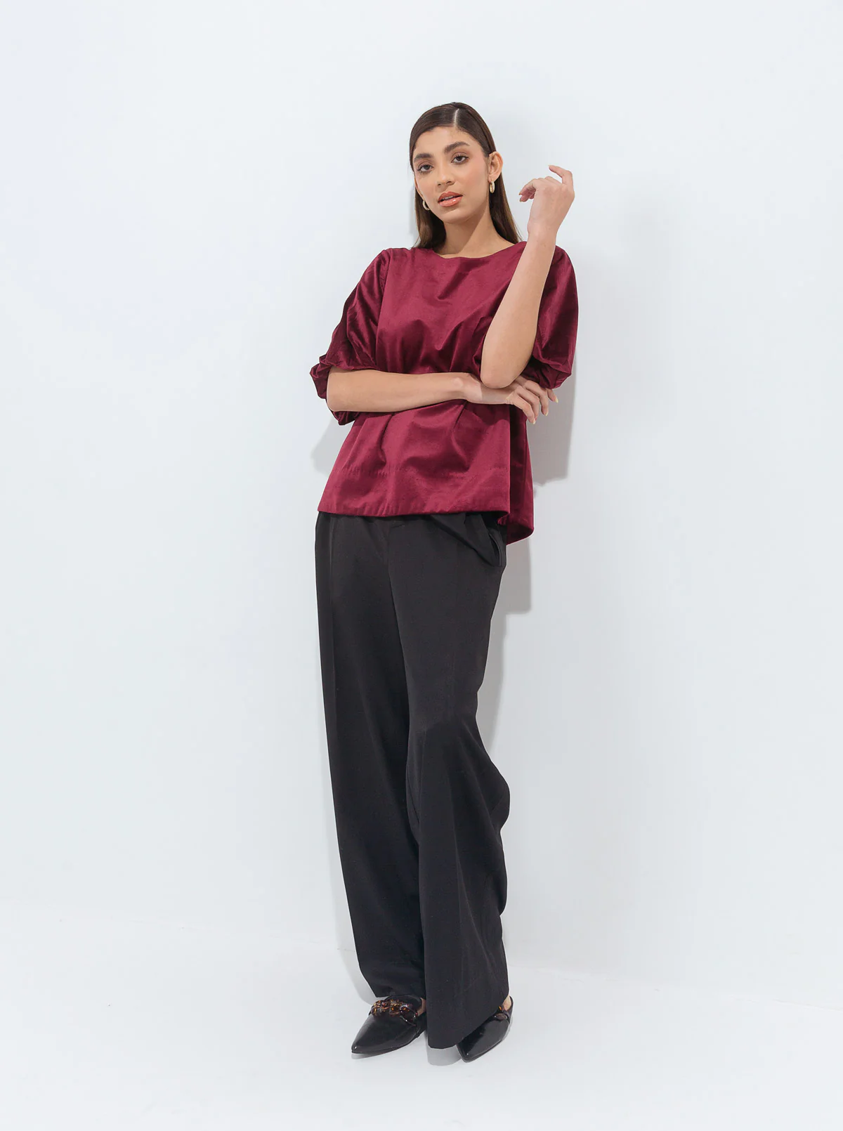MAROON PUFFED SLEEVES VELOUR TOP - Image 3