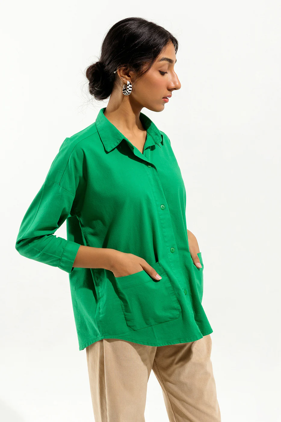 GREEN DENIM BUTTON DOWN SHIRT - Image 3