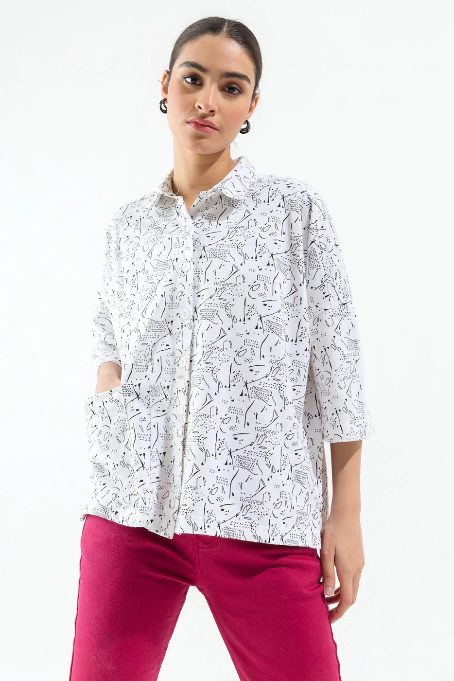 WHITE PRINTED BUTTON DOWN SHIRT - Image 2