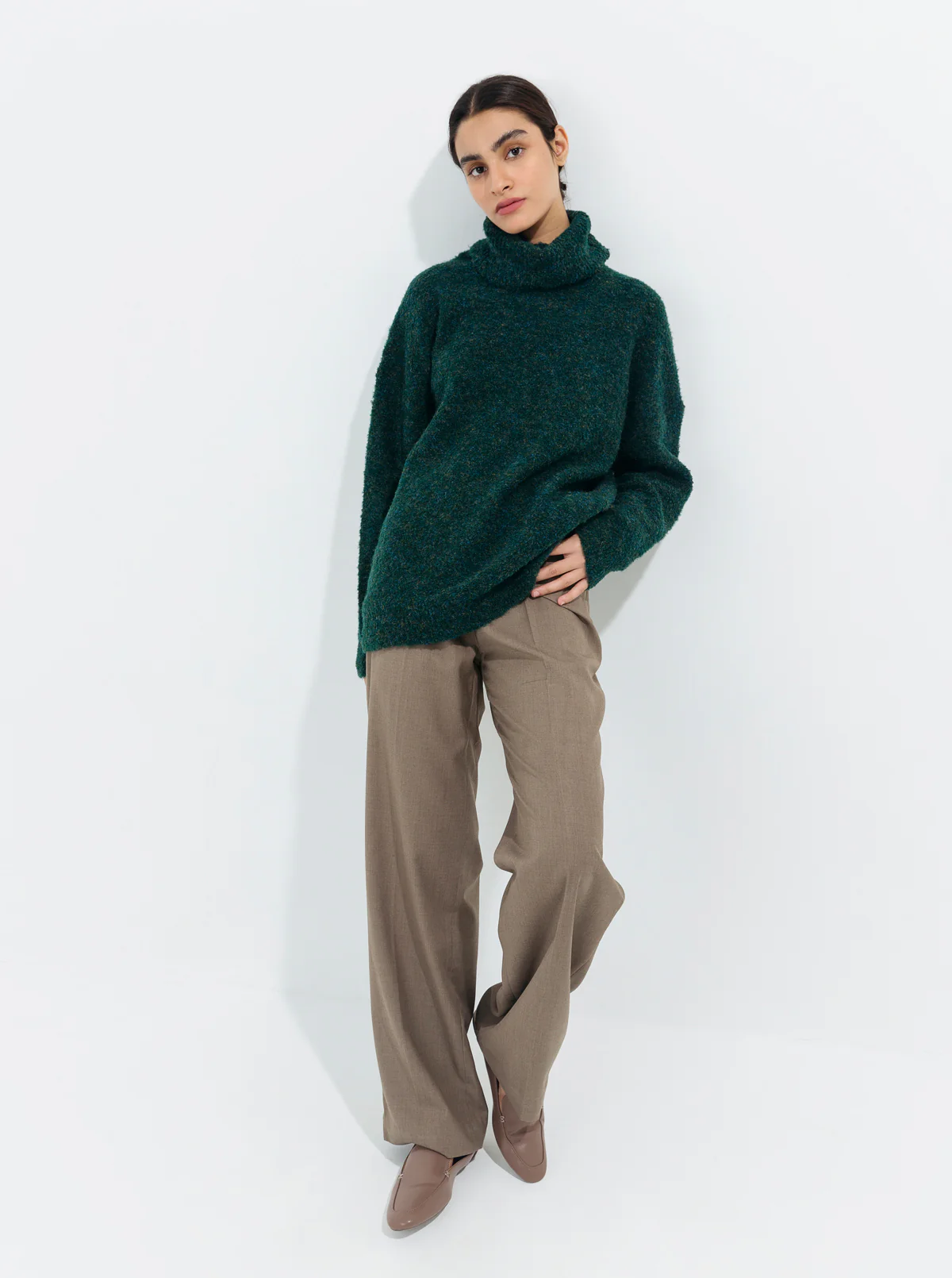 DARK GREEN FUZZY MELANGE KNIT PULLOVER - Image 3