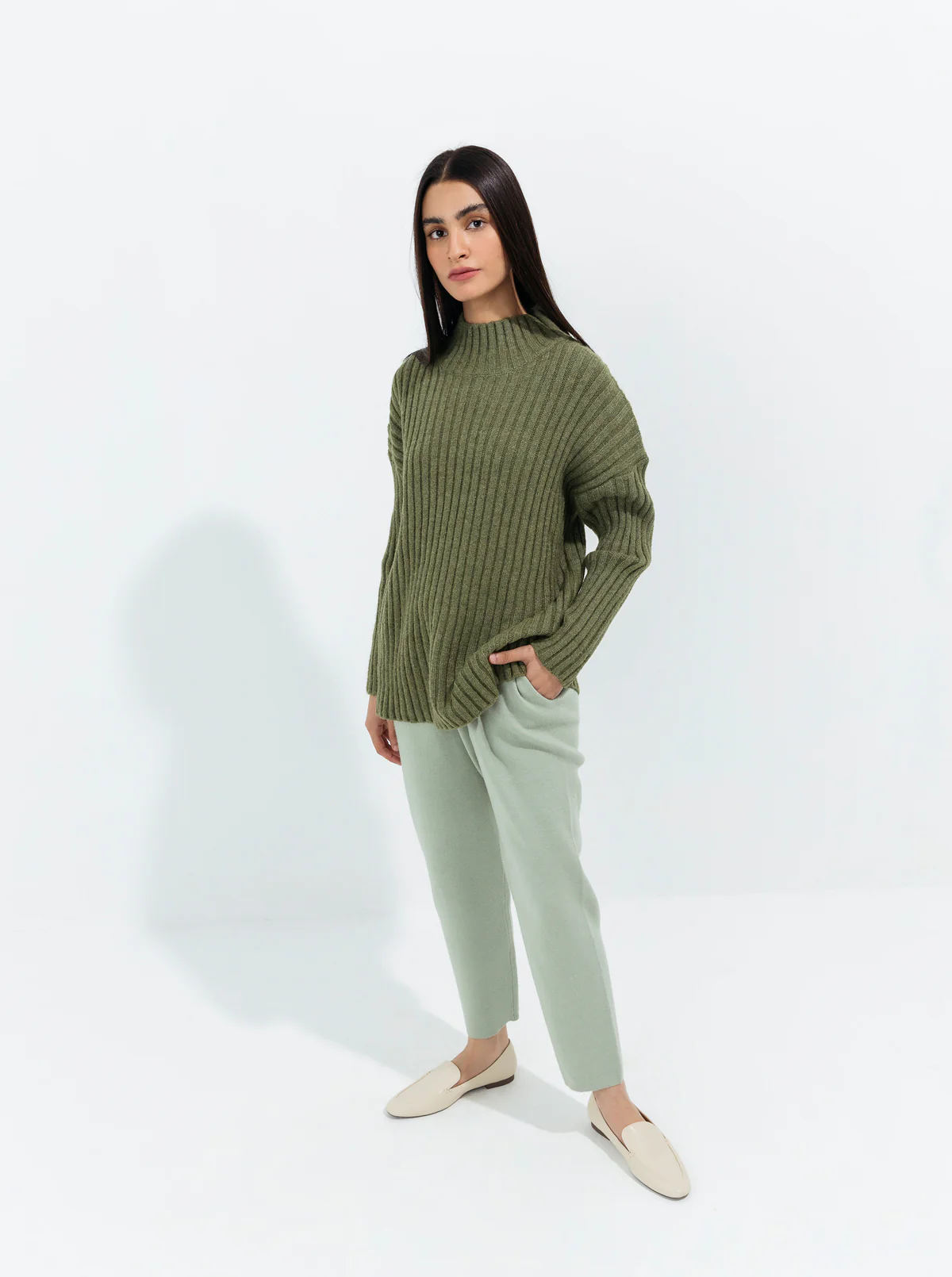 OLIVE DOUBLE KNIT PULLOVER SWEATER - Image 2