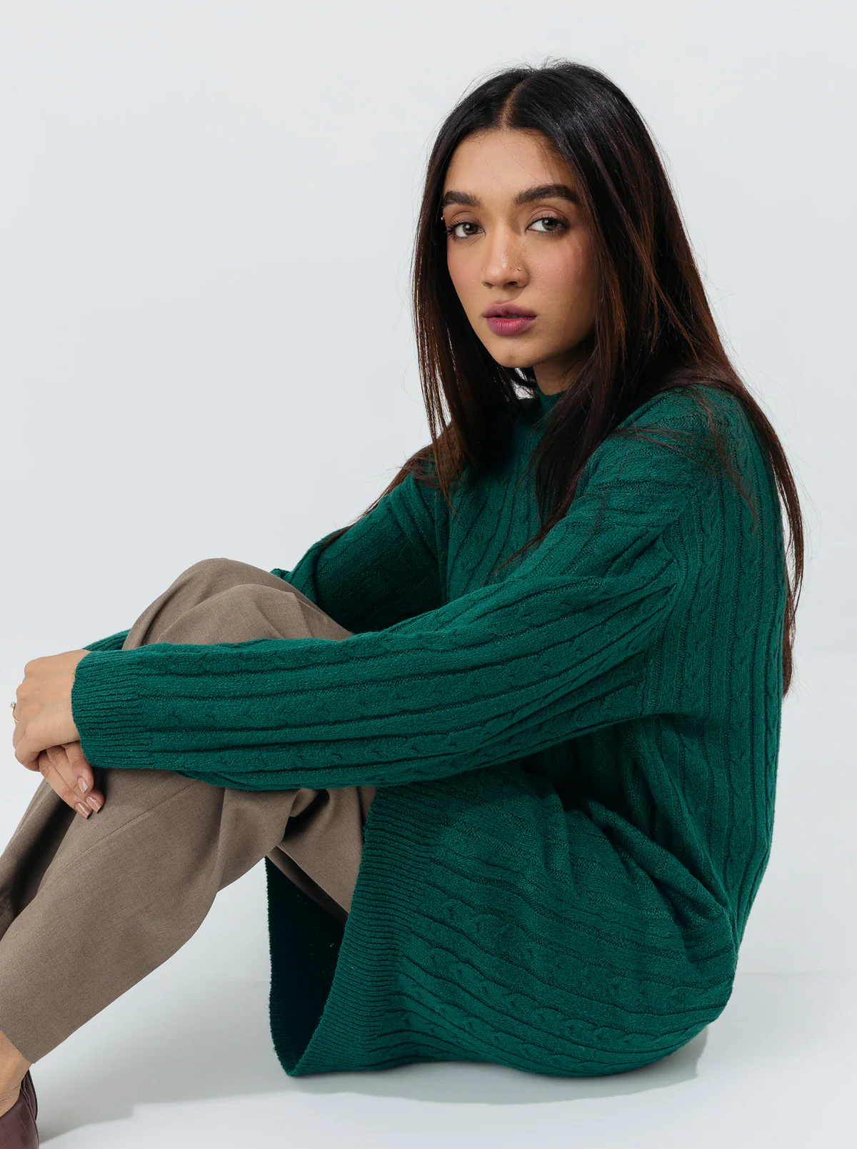 GREEN CABLE KNIT LONG PULLOVER - Image 2