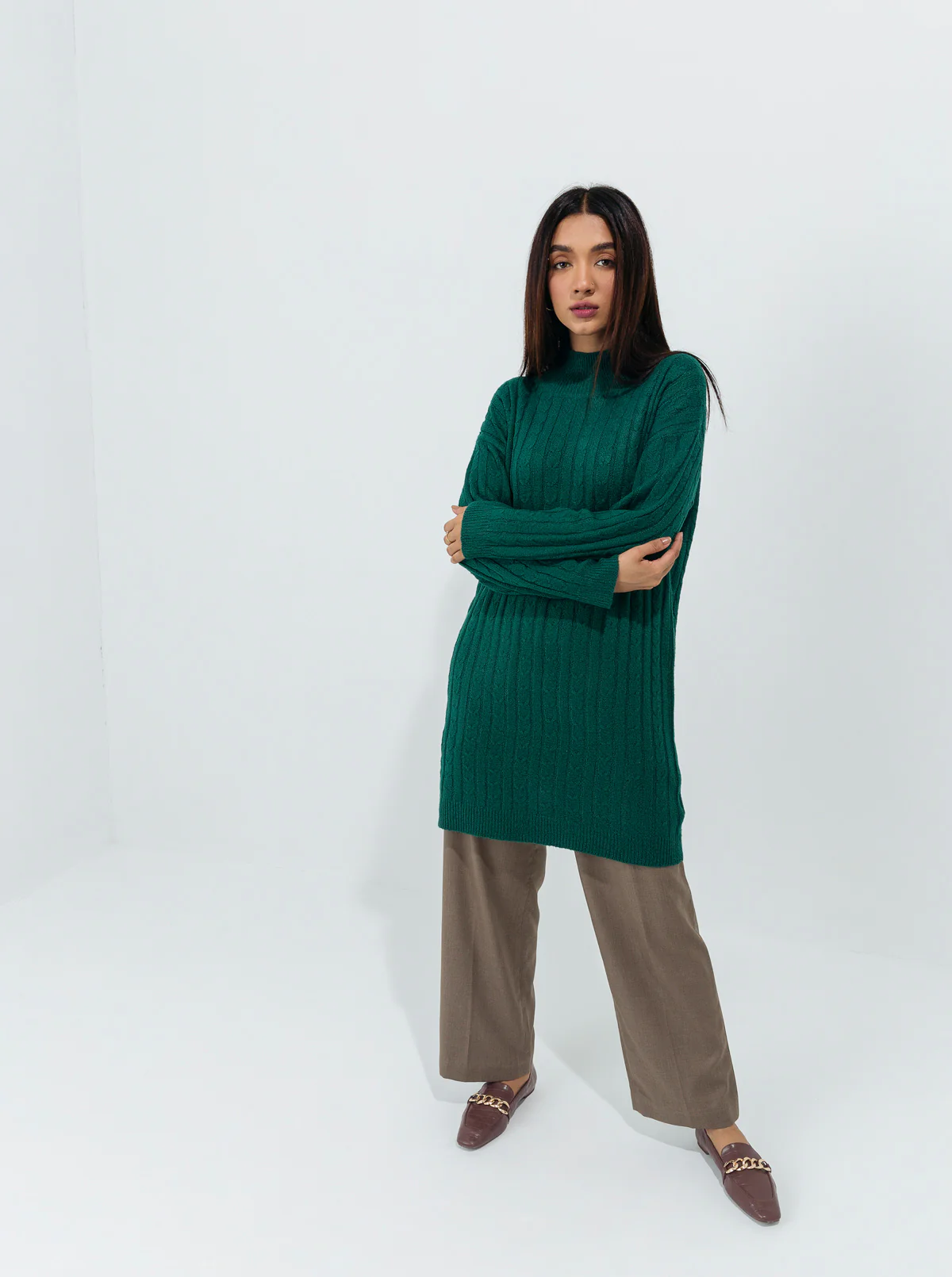 GREEN CABLE KNIT LONG PULLOVER - Image 3