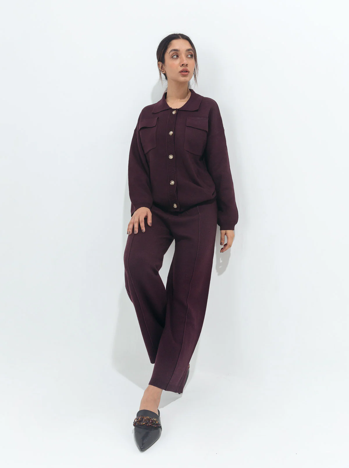 BURGUNDY POCKET SWEATER KNIT CO-ORD SET - Image 2