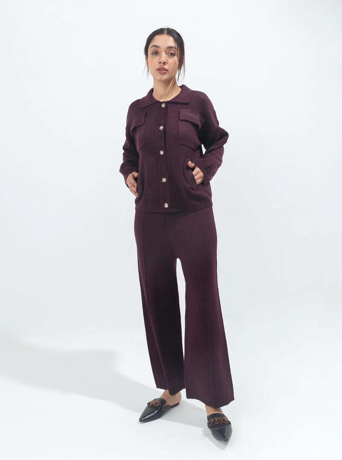 BURGUNDY POCKET SWEATER KNIT CO-ORD SET - Image 3