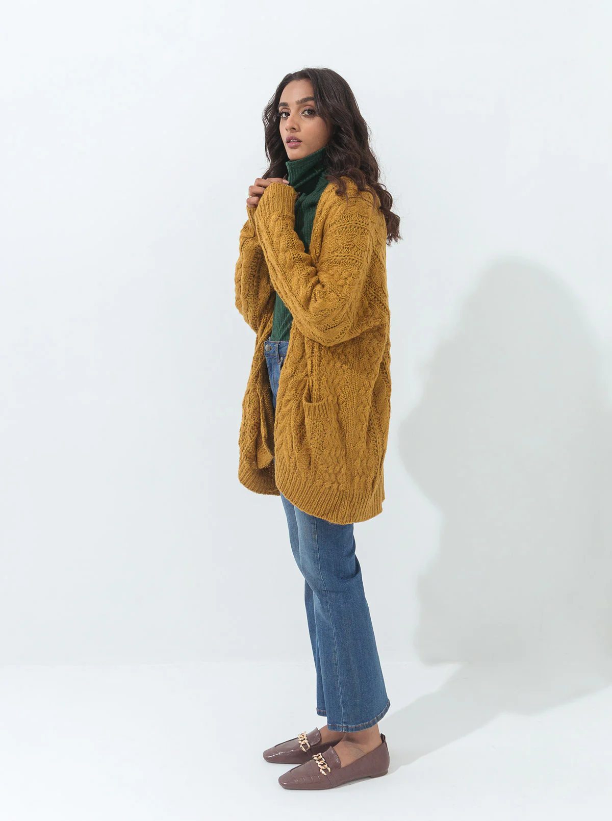 MUSTARD CABLE KNIT POCKET SHRUG - Image 3