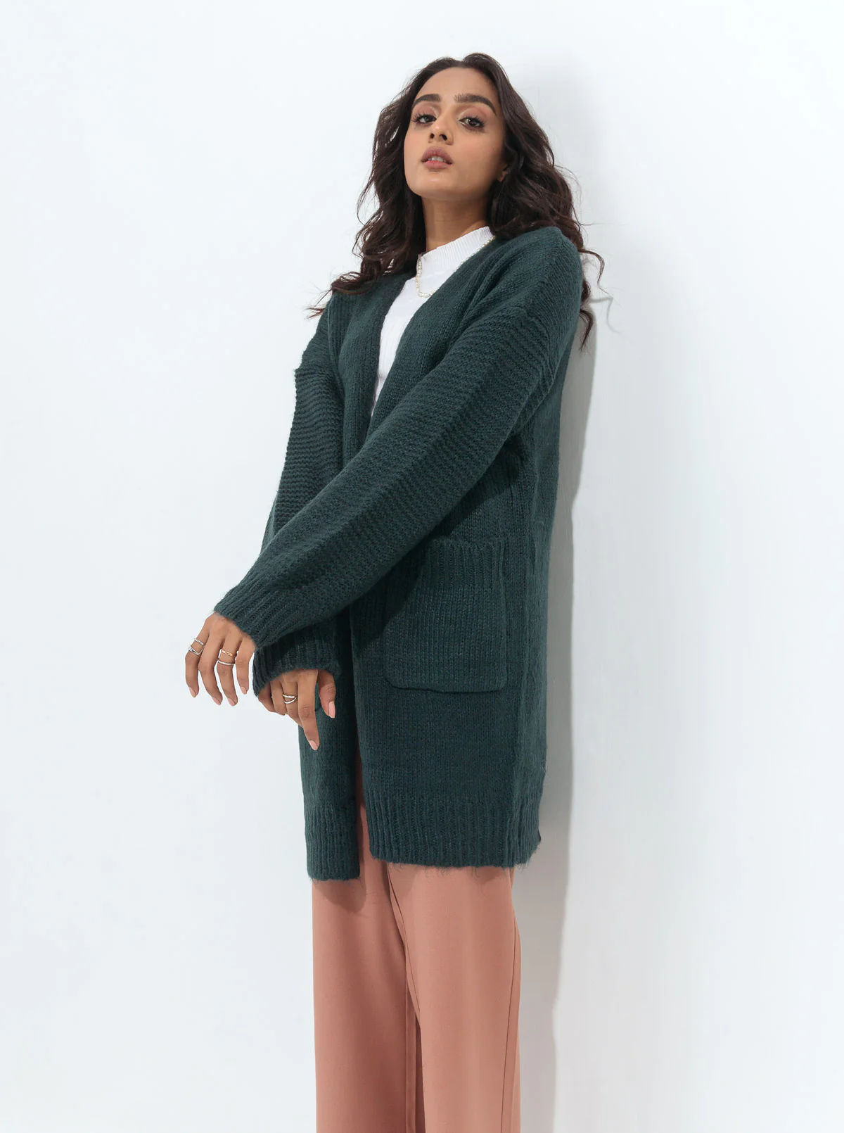 DARK GREEN LONG TEXTURED POCKET SHRUG - Image 3