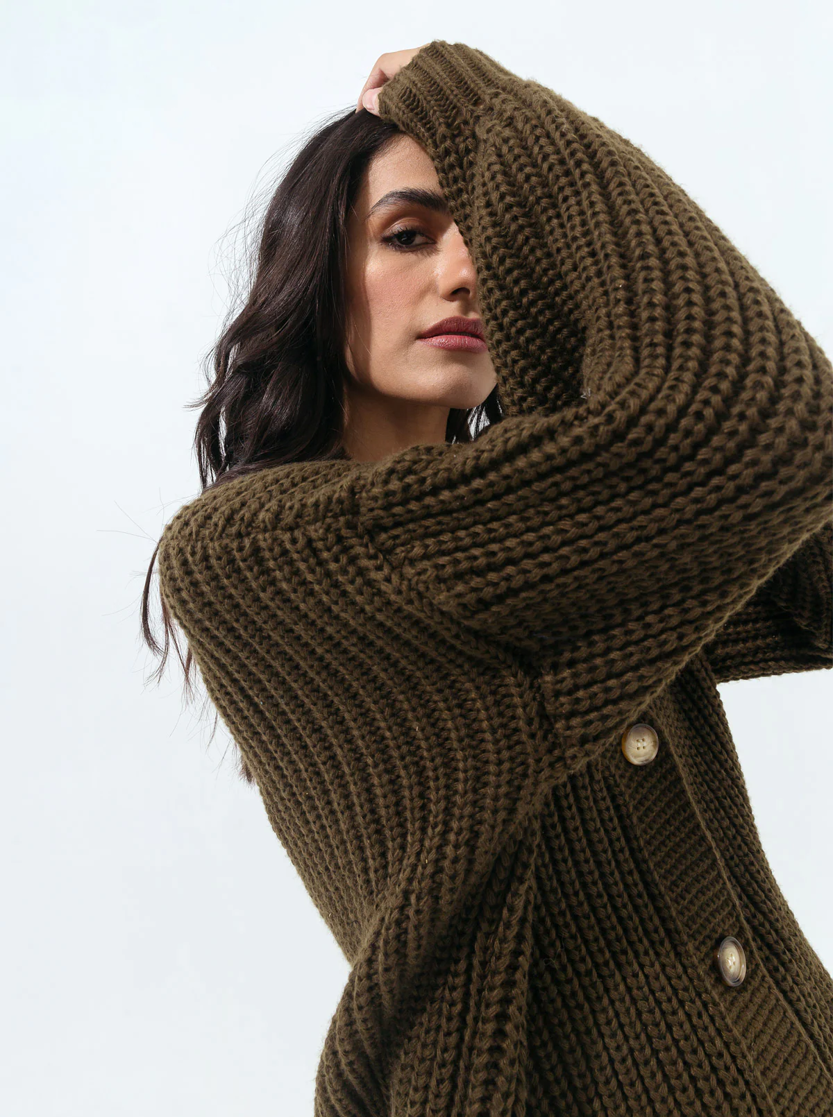 OLIVE OVERSIZED V-NECK CARDIGAN - Image 2