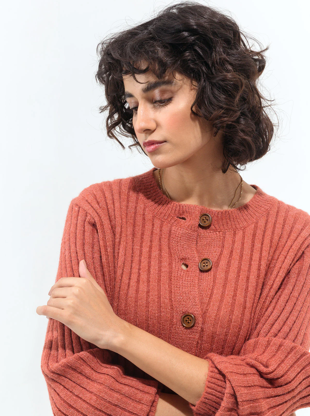 DARK CORAL RIBBED CARDIGAN - Image 3