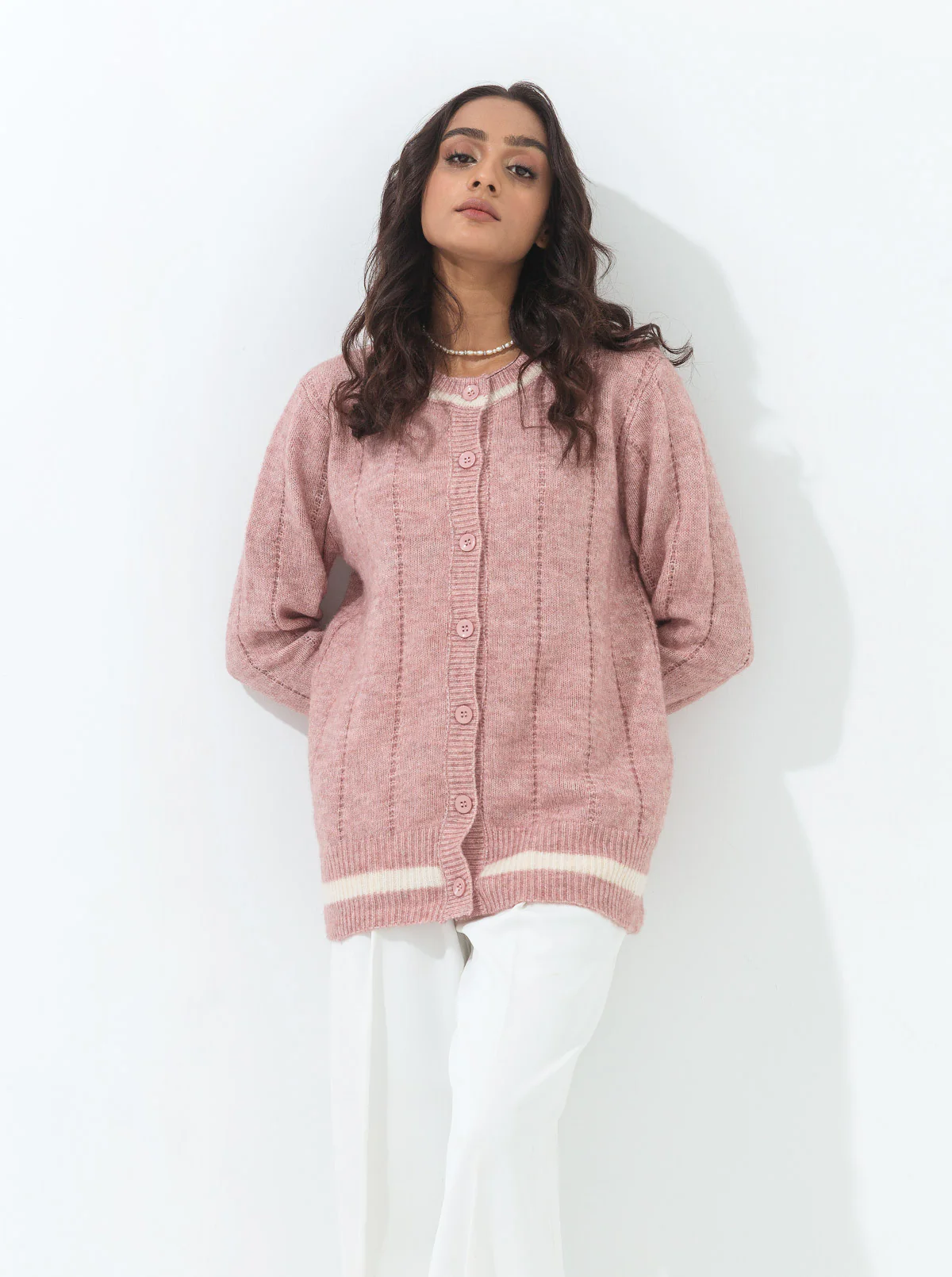 TEA PINK HEATHER STRIPED CARDIGAN - Image 2