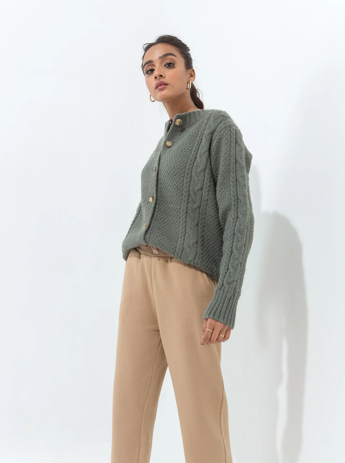 DULL GREEN COMBINATION CABLE KNIT CARDIGAN - Image 3