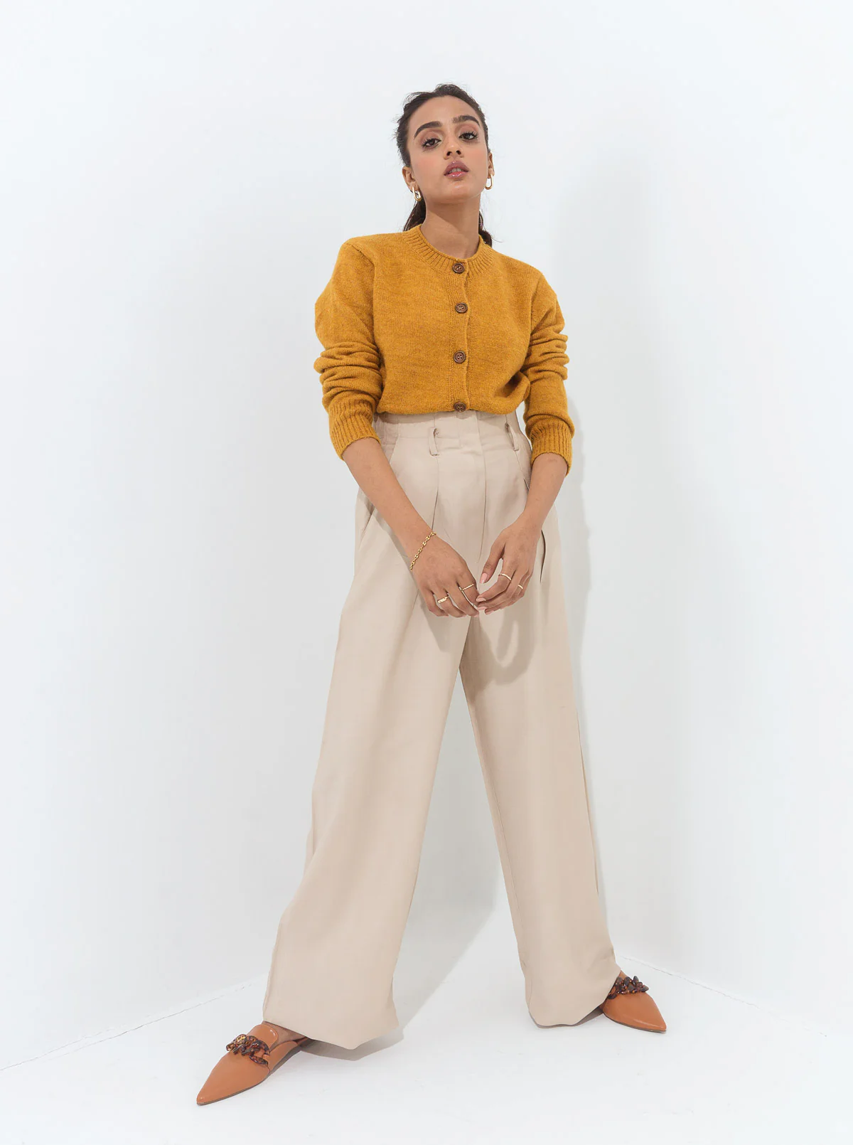 MUSTARD WOODEN BUTTON CARDIGAN - Image 2