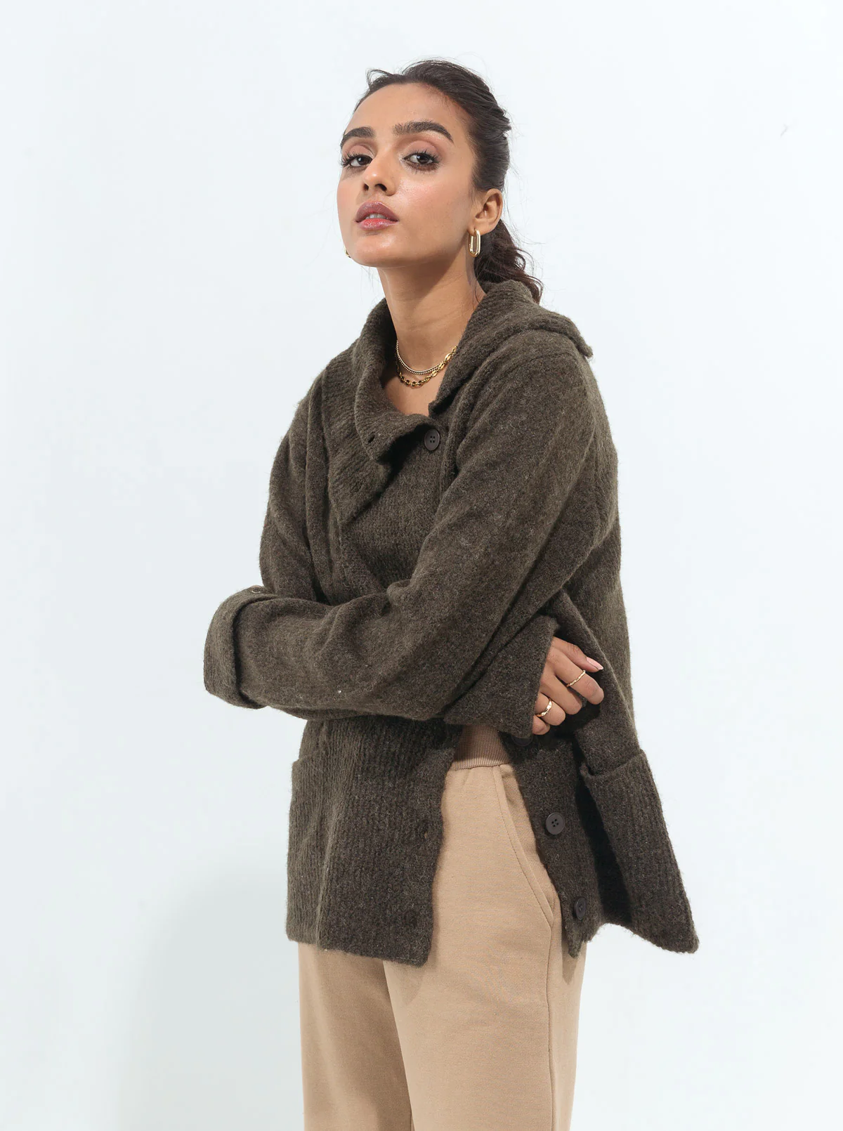 DARK OLIVE ASYMMETRICAL COLLAR CABLE KNIT CARDIGAN - Image 3
