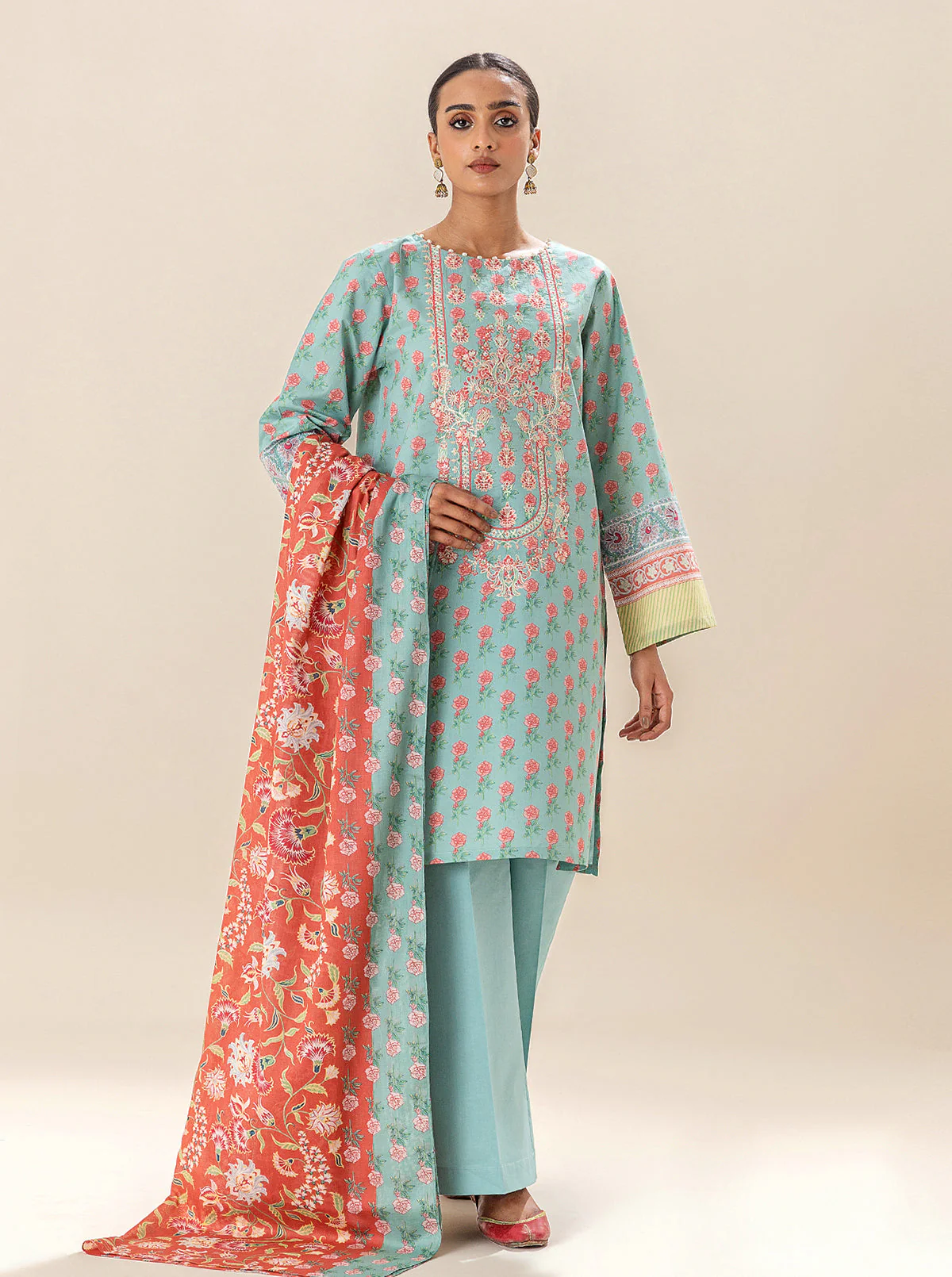 3 PIECE EMBROIDERED LAWN SUIT-SEA CORAL (UNSTITCHED) - Image 2