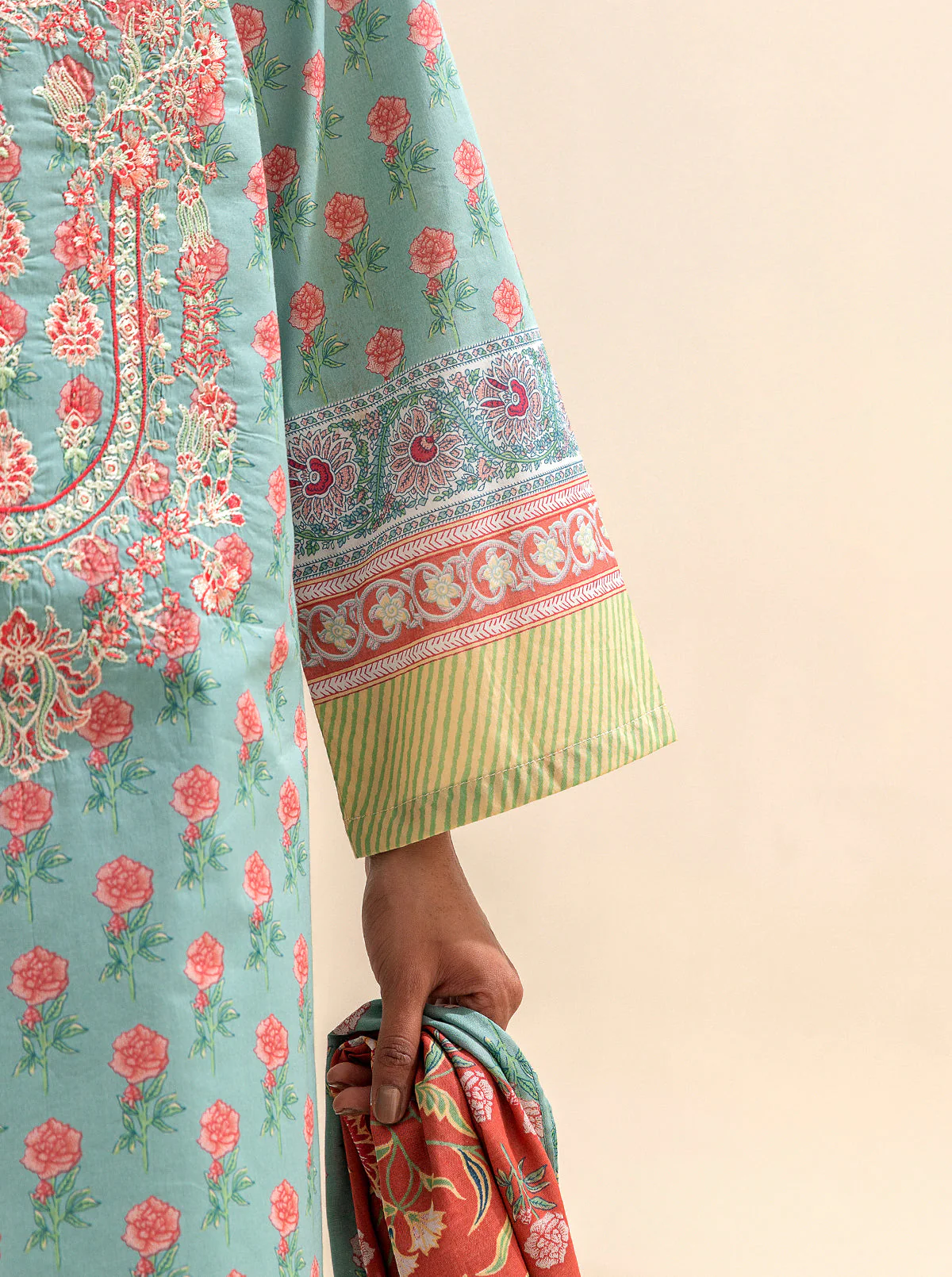 3 PIECE EMBROIDERED LAWN SUIT-SEA CORAL (UNSTITCHED) - Image 3