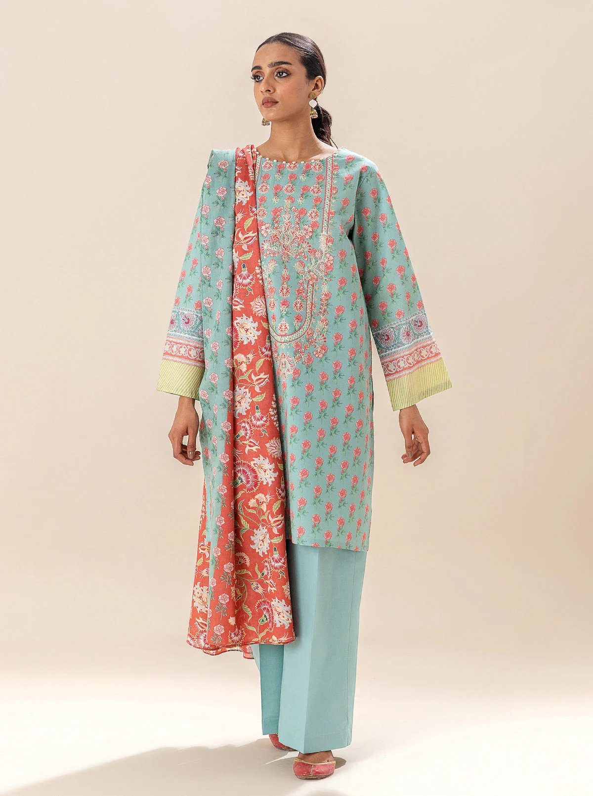 3 PIECE EMBROIDERED LAWN SUIT-SEA CORAL (UNSTITCHED) - Image 6