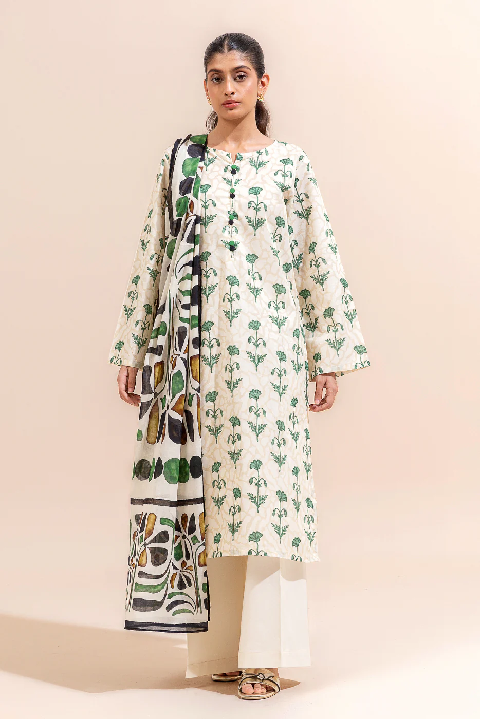 3 PIECE PRINTED LAWN SUIT-CREAMY GLAZE (UNSTITCHED) - Image 2