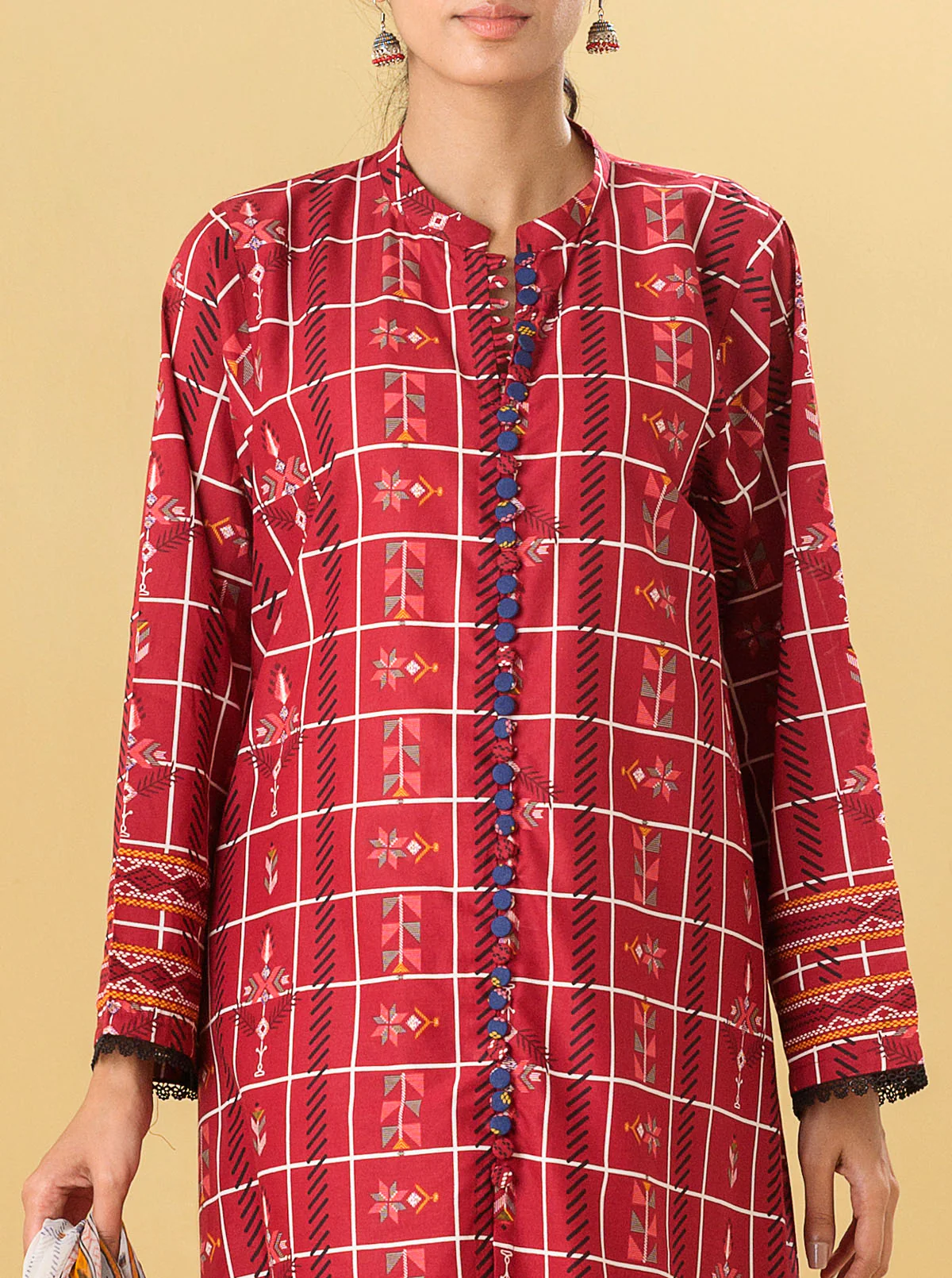2 PIECE - PRINTED LAWN SUIT - SCARLET GRID - Image 4