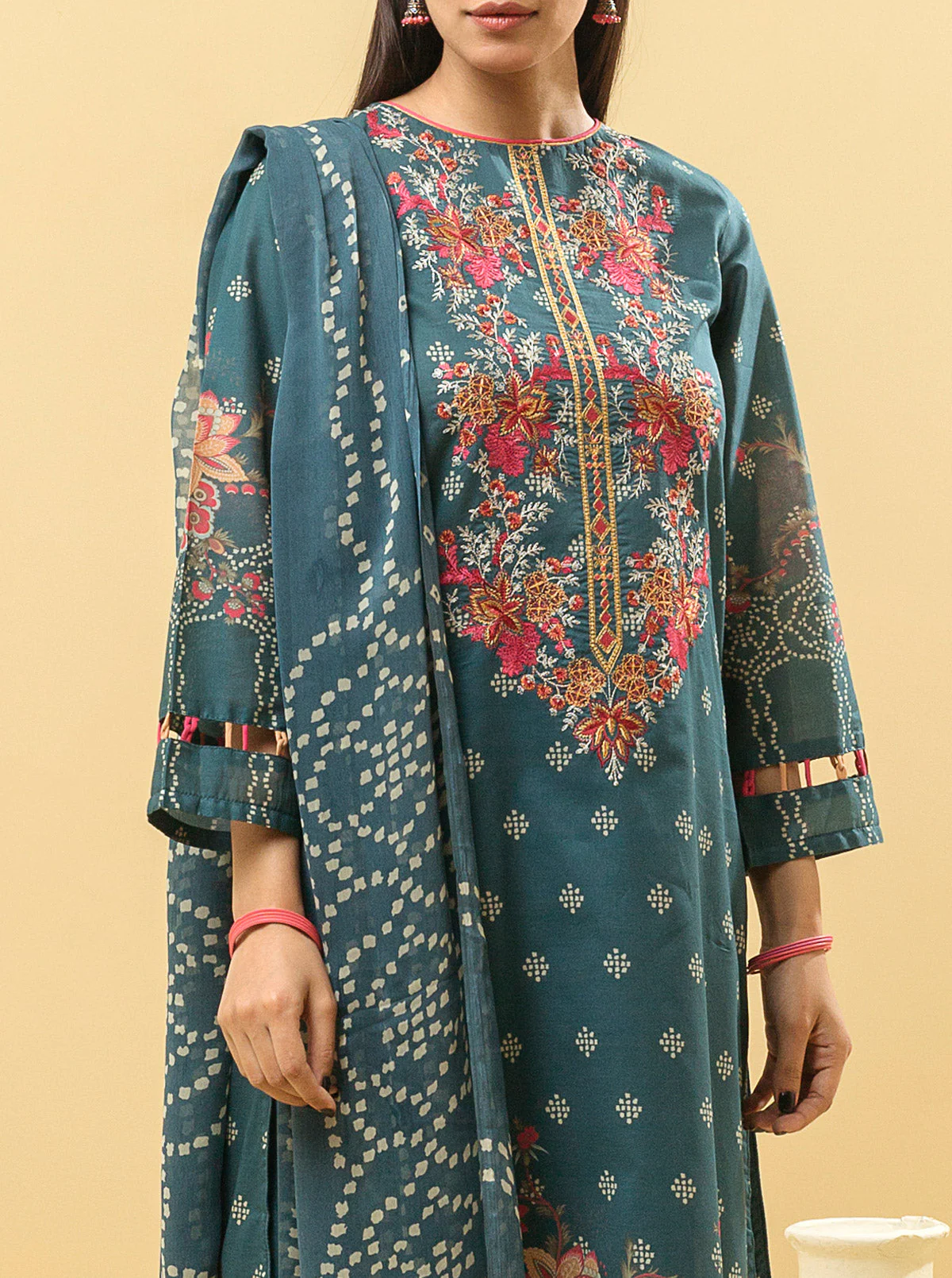 3 PIECE - EMBROIDERED LAWN SUIT - EUPHORIC TEAL - Image 2