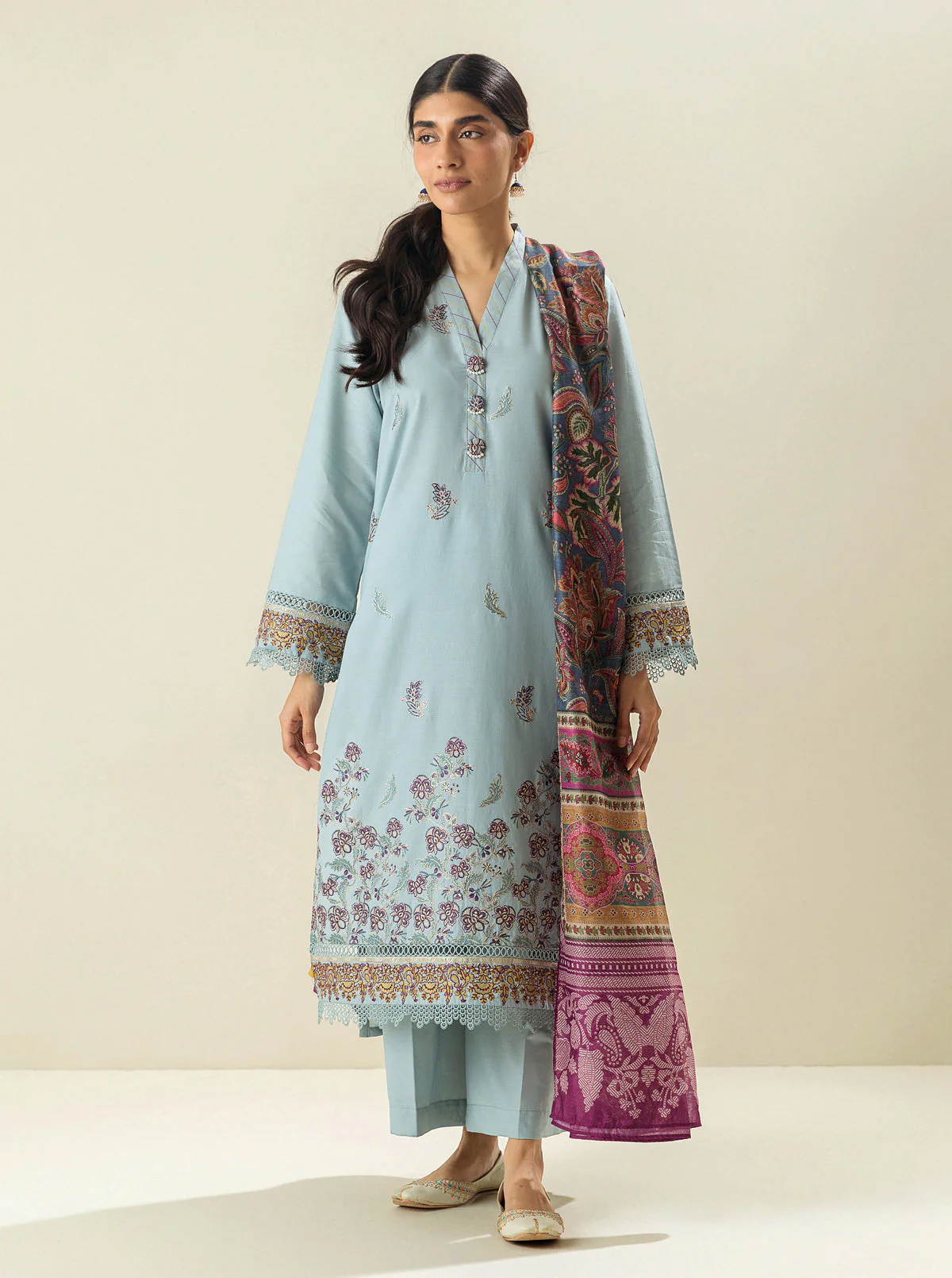 3 PIECE - EMBROIDERED LAWN SUIT - DEVOTION BLUE - Image 5
