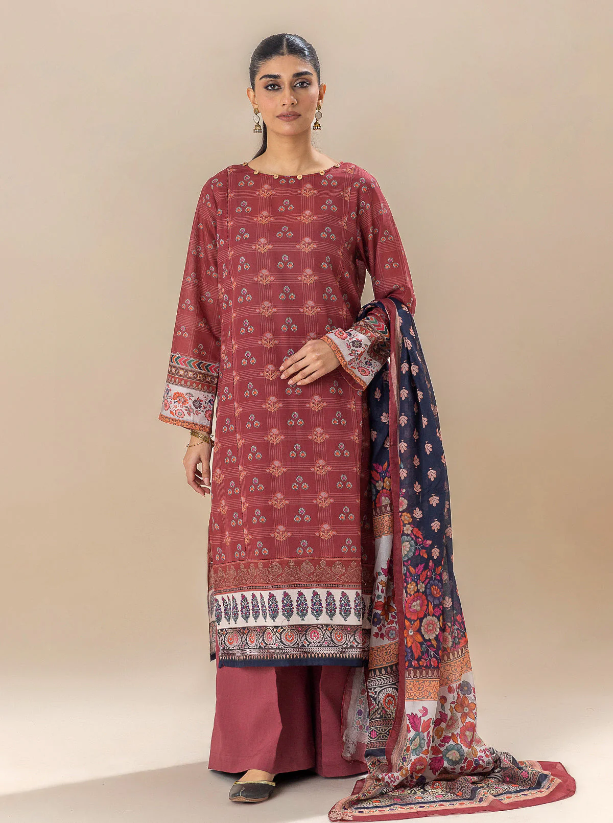 3 PIECE PRINTED LAWN SUIT-ROYALTY RED (UNSTITCHED) - Image 6