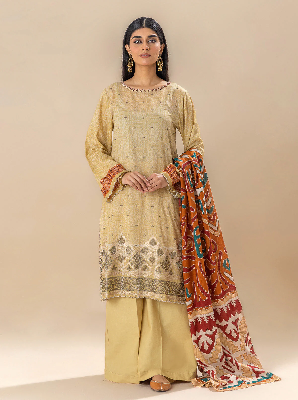 3 PIECE EMBROIDERED LAWN SUIT-OCHRE VOOM (UNSTITCHED) - Image 5