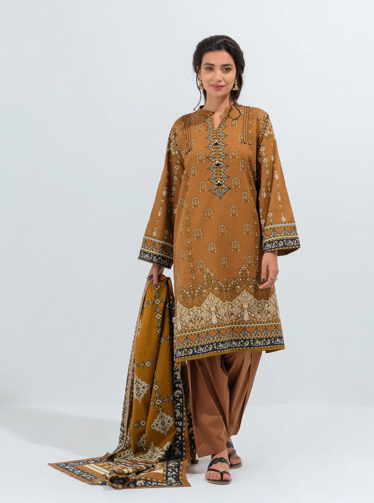3 PIECE - PRINTED KHADDAR SUIT - MARIGOLD GLAZE - Image 3