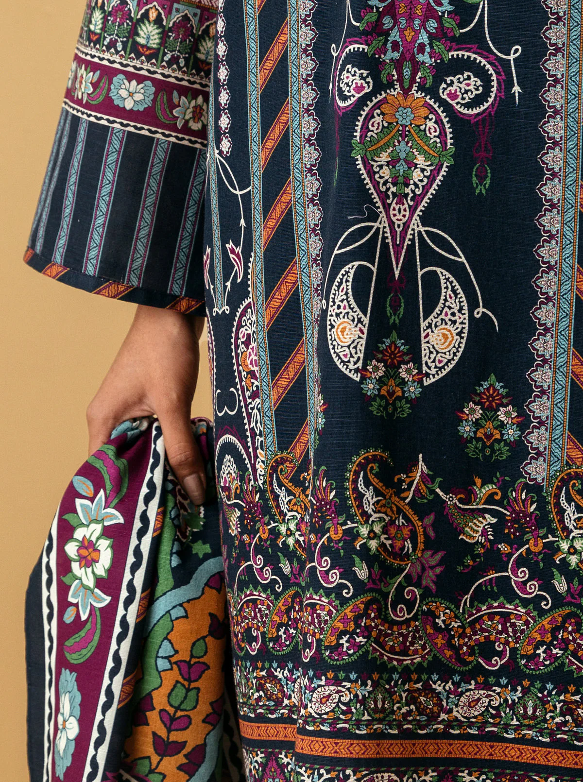 3 PIECE - PRINTED KHADDAR SUIT - FADED DENIM - Image 3