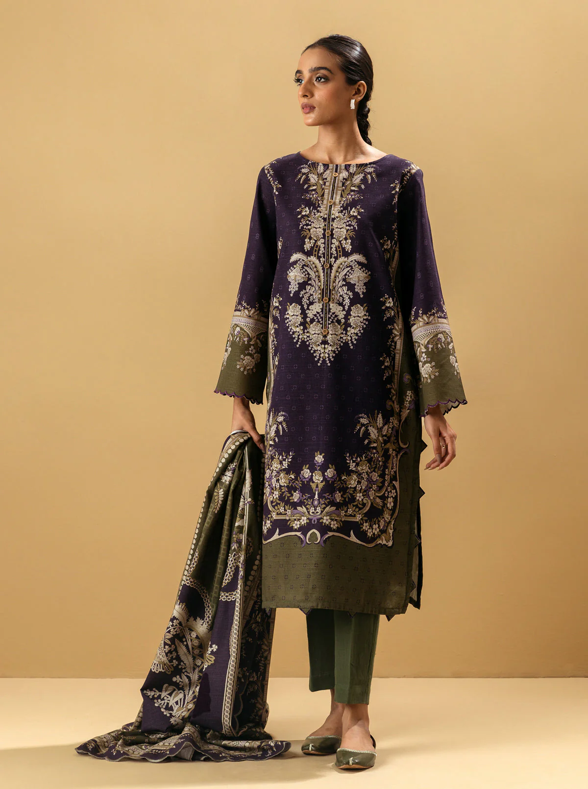 3 PIECE - PRINTED KHADDAR SUIT - BYZANTINE OLIVE - Image 5