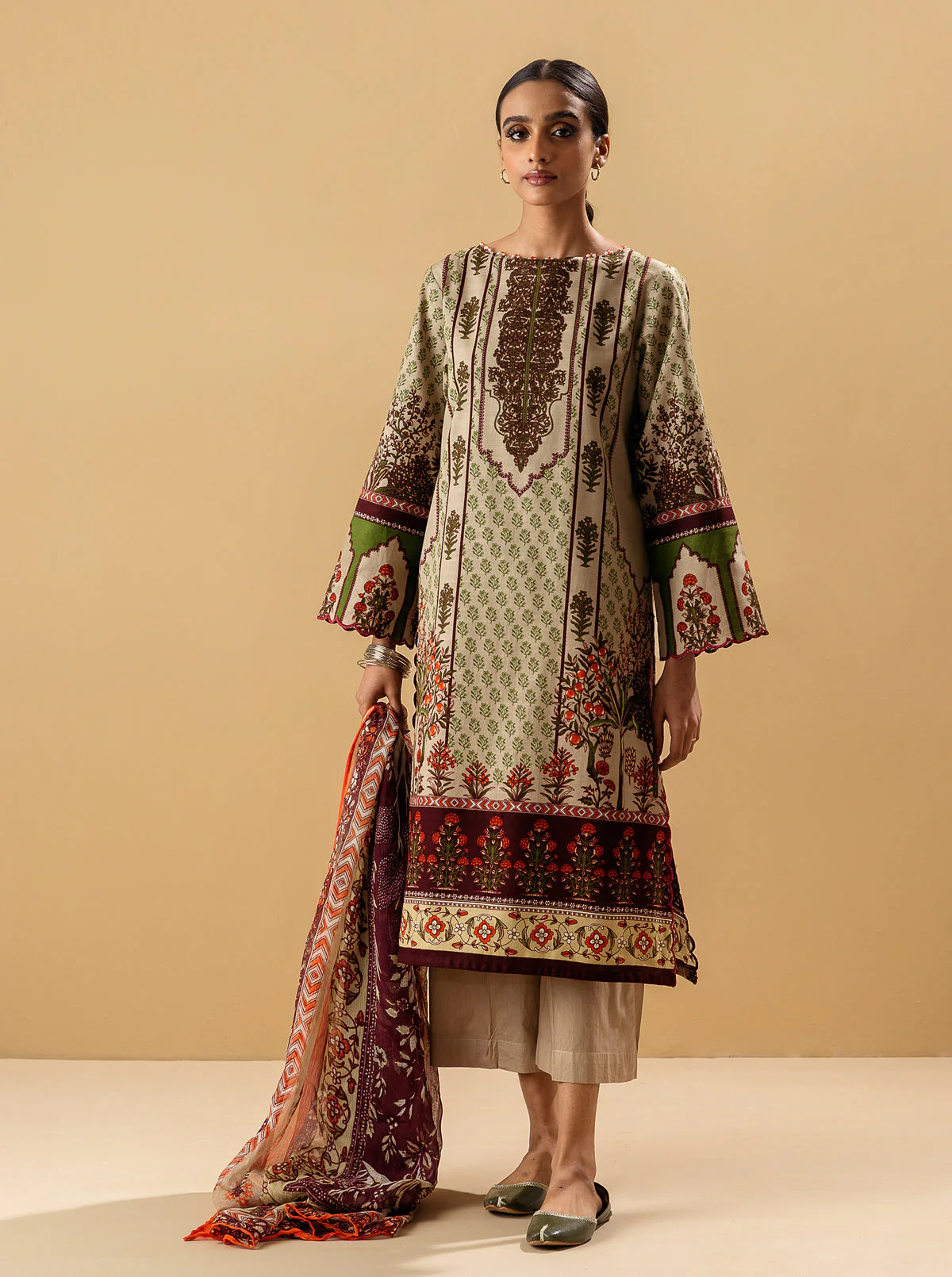 3 PIECE - PRINTED KHADDAR SUIT - TROPICAL FAWN - Image 4